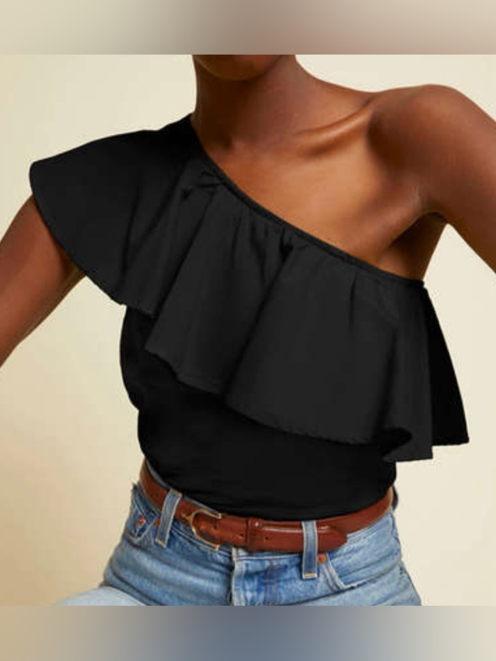 NATION LTD Black One Shoulder Ruffle Cotton Top Size XS